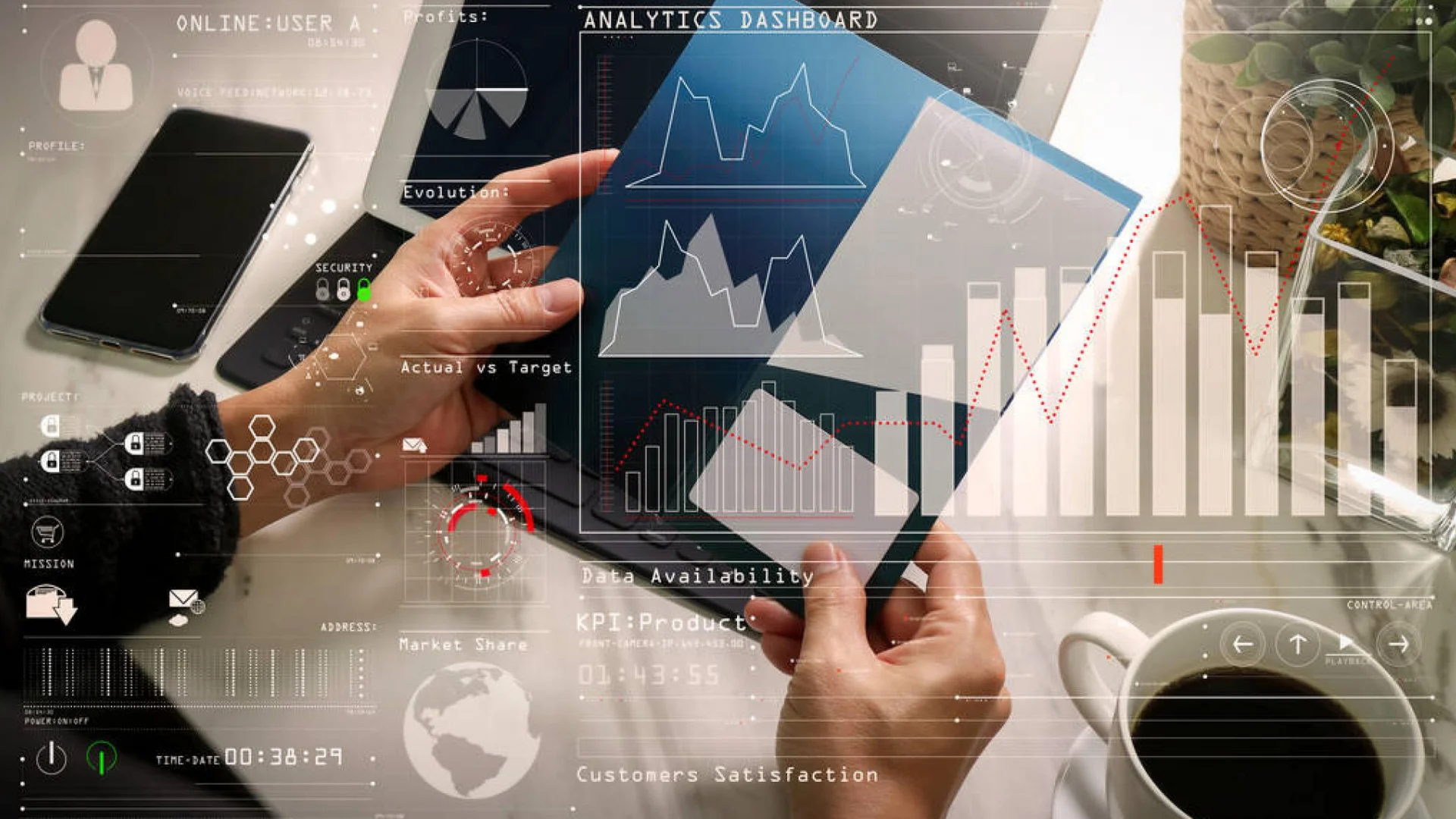 Image représentant un dashboard complet d'un utilisateur. Les écritures sont blanches et l'image de fond est un bureau sur lquele on apercoit un smartphone, un pc portable, 2 mains tenant un document bleu et un café. Page Otium CRM pour les indépendants et les TPE